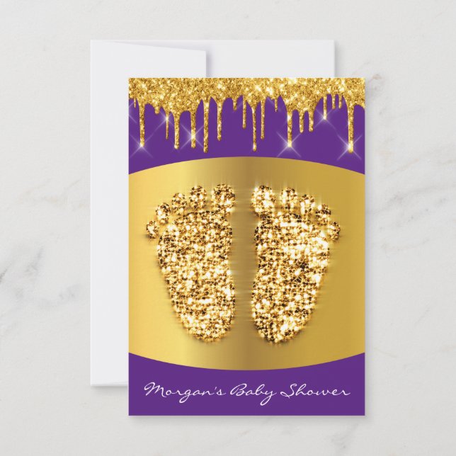 Golden Drips Royal Blue Baby Shower Feet Purple Invitation (Back)