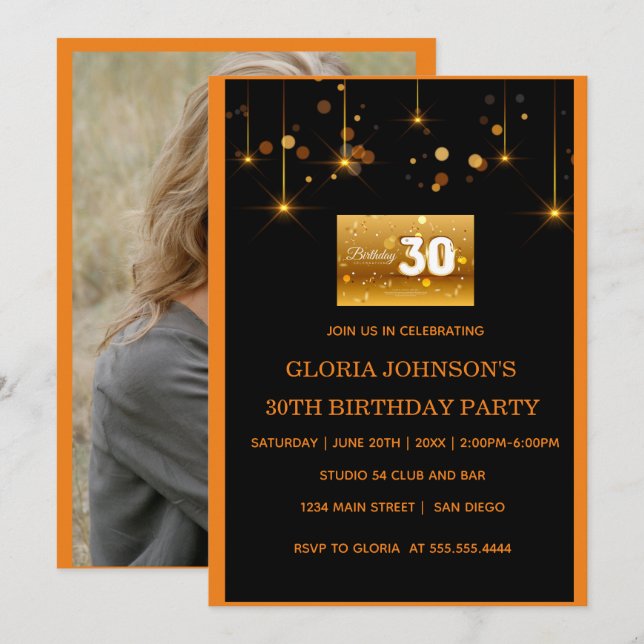 Golden dust elements Photo 30th birthday  Invitation (Front/Back)
