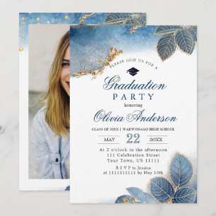 Golden Dusty Blue PHOTO Graduation Party Invitation
