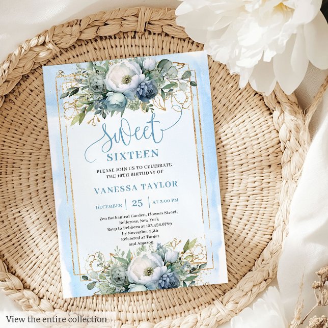 Golden Dusty Blue White Floral Sweet 16 Invitation (Golden Dusty Blue White Floral Sweet 16 Invitation)