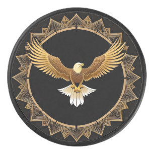 Golden Eagle on Geometric Mandala Hockey Puck