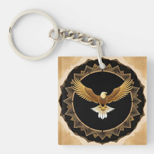 Golden Eagle on Geometric Mandala Keychain