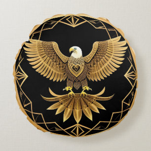 Golden Eagle on Geometric Mandala Round Pillow