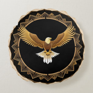 Golden Eagle on Geometric Mandala Round Pillow