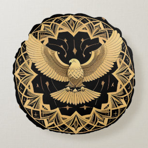 Golden Eagle on Geometric Mandala Round Pillow