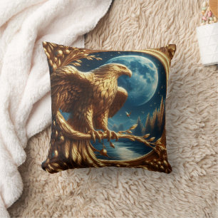 Golden Eagle Perched by Moonlit Lake at Night Throw Pillow