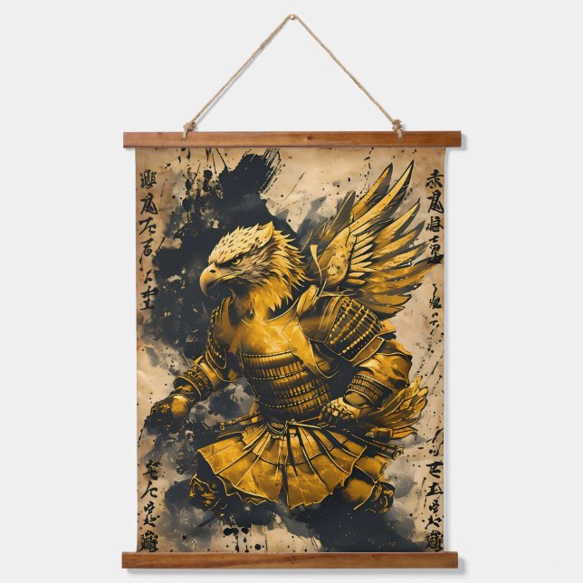 Golden Eagle Samurai Warrior - Japanese Ink Style Hanging Tapestry (Front)