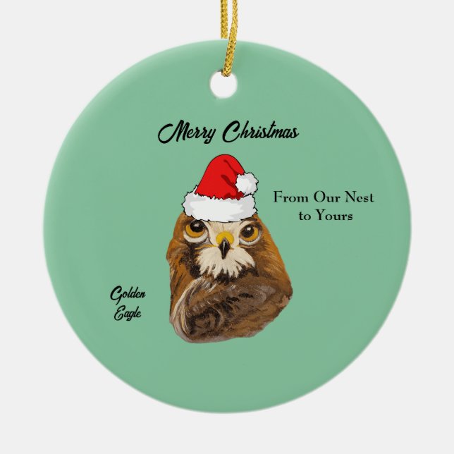 Golden Eagle wearing a Santa Hat    Ceramic Ornament (Front)