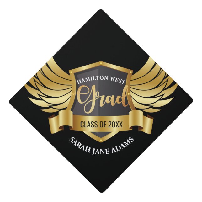 Golden eagle wings shield crest with ribbon text graduation cap topper (Front)