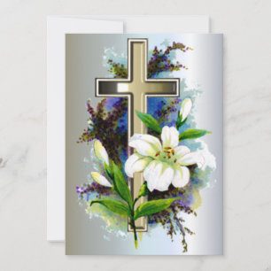 Golden Easter Cross and White Lilly Flowers Holiday Card