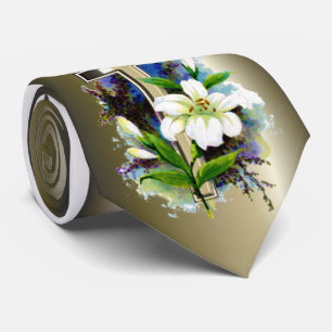 Golden Easter Cross and White Lilly Flowers Tie