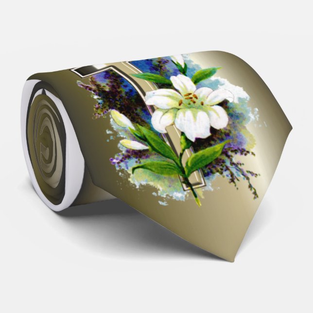 Golden Easter Cross and White Lilly Flowers Tie (Rolled)