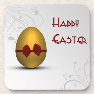 Golden Easter Egg with Bow Floral Swirl Pattern Coaster