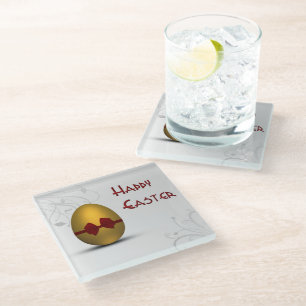 Golden Easter Egg with Bow Floral Swirl Pattern Glass Coaster