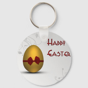 Golden Easter Egg with Bow Floral Swirl Pattern Keychain