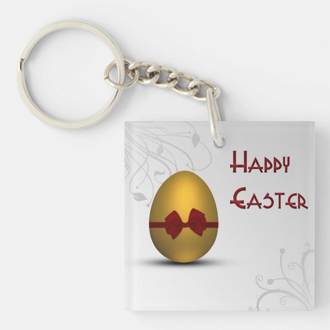 Golden Easter Egg with Bow Floral Swirl Pattern Keychain (Front)