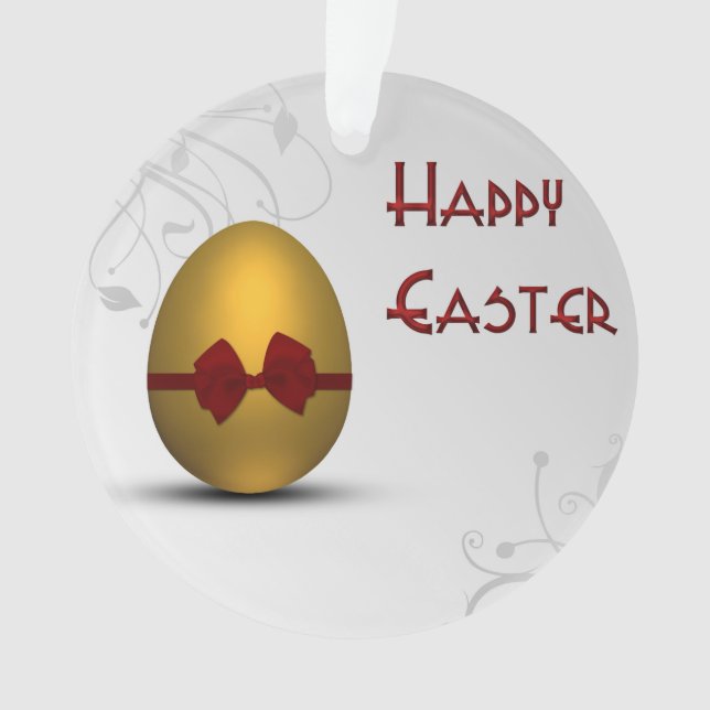Golden Easter Egg with Bow Floral Swirl Pattern Ornament (Front)