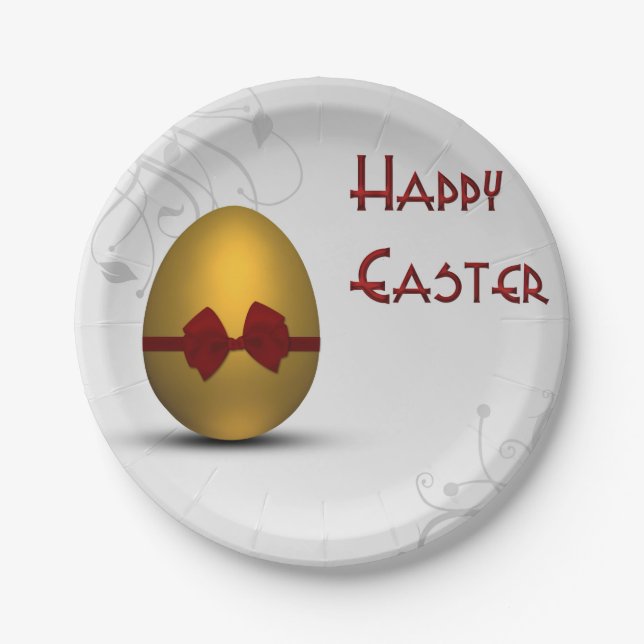 Golden Easter Egg with Bow Floral Swirl Pattern Paper Plate (Front)
