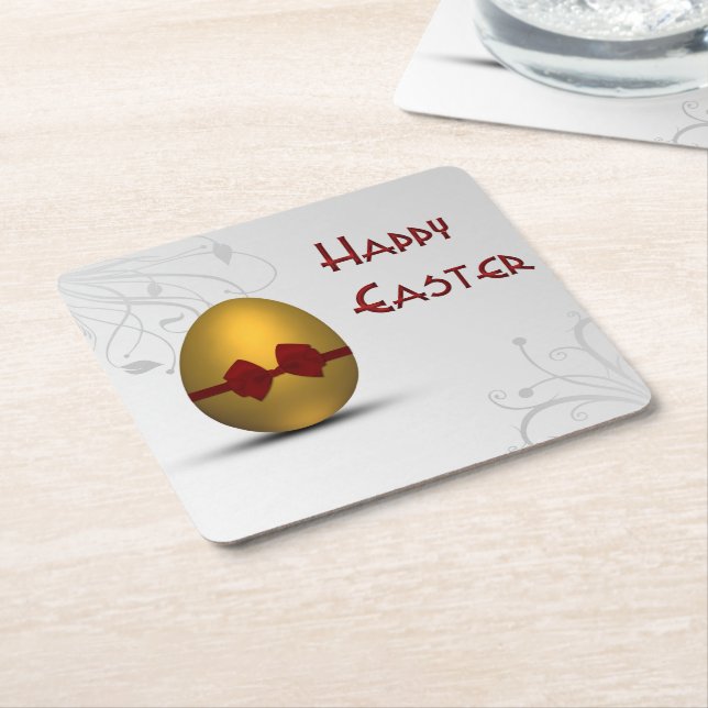 Golden Easter Egg with Bow Floral Swirl Pattern Square Paper Coaster (Angled)