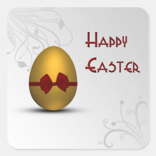 Golden Easter Egg with Bow Floral Swirl Pattern Square Sticker