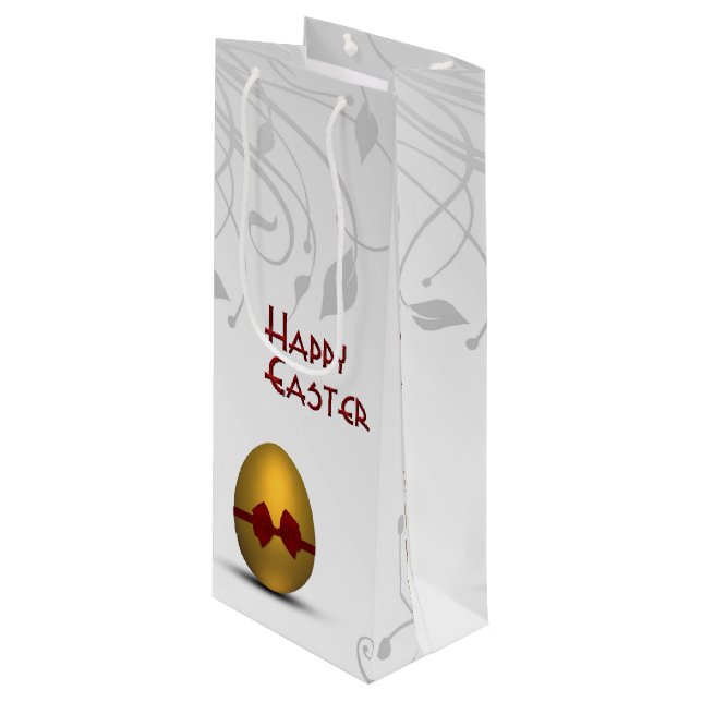 Golden Easter Egg with Bow Floral Swirl Pattern Wine Gift Bag (Front Angled)