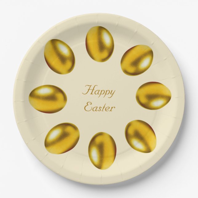 Golden Easter Eggs on Beige Paper Plate (Front)