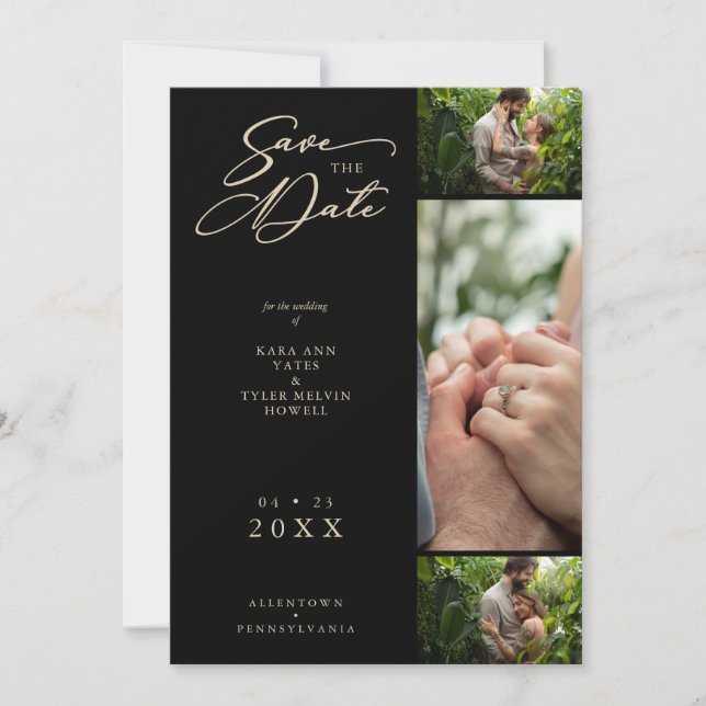Golden Effect Black Fancy Collage 3 Photos Couple  Save The Date (Front)