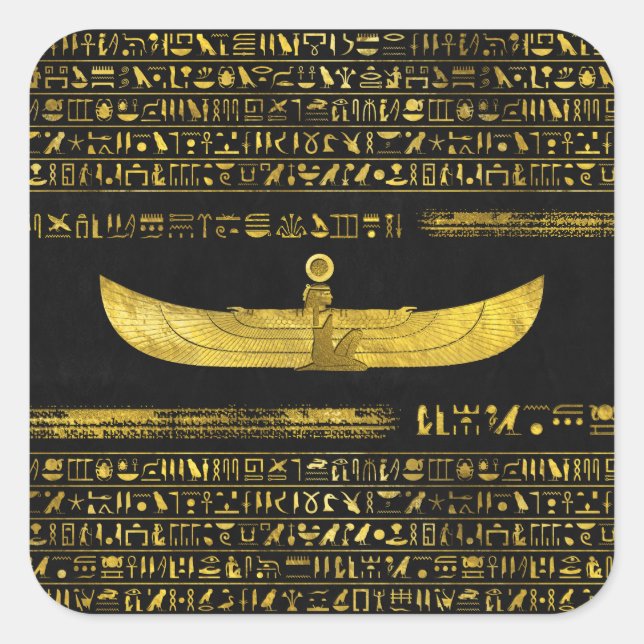 Golden Egyptian God Ornament on black leather Square Sticker (Front)