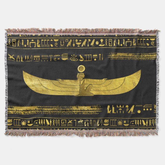 Golden Egyptian God Ornament on black leather Throw Blanket (Front)