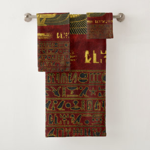 Golden Egyptian God Ornament on red leather Bath Towel Set