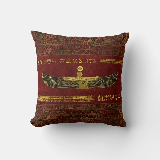 Golden Egyptian God Ornament on red leather Throw Pillow (Front)