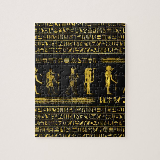 Golden Egyptian Gods and hieroglyphics on leather Jigsaw Puzzle (Vertical)