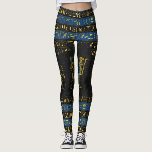 Golden Egyptian Gods and hieroglyphics on leather Leggings