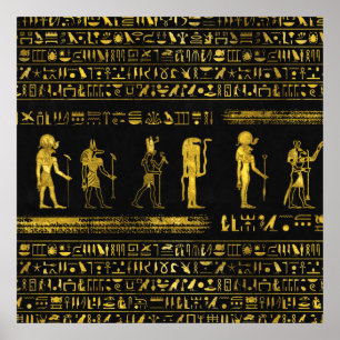 Golden Egyptian Gods and hieroglyphics on leather Poster