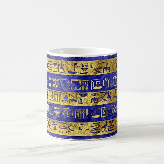 Golden Egyptian  hieroglyphs pattern blue stone Coffee Mug (Center)