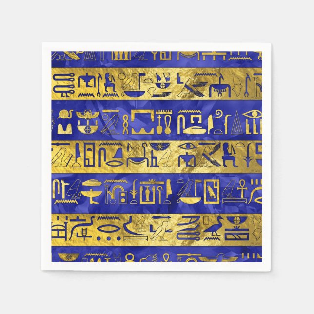 Golden Egyptian  hieroglyphs pattern blue stone Napkin (Front)