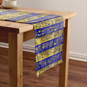 Golden Egyptian hieroglyphs pattern blue stone Short Table Runner