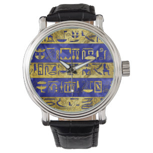 Golden Egyptian hieroglyphs pattern blue stone Watch