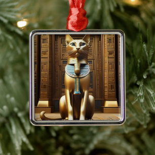 Golden Egyptian Pharaoh Cat Statue, Metal Ornament