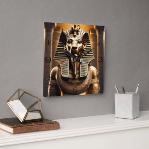 Golden Egyptian Pharaoh Lion, Square Wall Clock