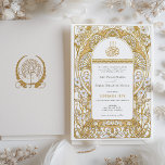 Golden Elegance Art Nouveau Muslim Wedding Invitation<br><div class="desc">This exquisite Islamic wedding invitation card exudes elegance with its Art Nouveau-inspired design, featuring a faux gold and white colour scheme that adds a touch of luxury and sophistication. The front of the invitation showcases an intricate pattern of golden swirls and white florals surrounding a beautifully scripted Arabic Bismillah in...</div>
