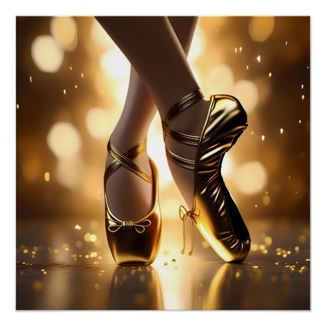 Golden Elegance: Ballerina Shoes on Gold Bokeh Poster (Front)