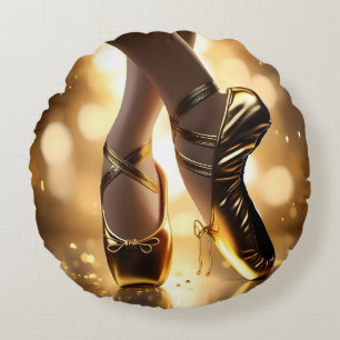 Golden Elegance: Ballerina Shoes on Gold Bokeh Round Pillow