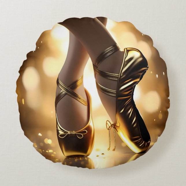 Golden Elegance: Ballerina Shoes on Gold Bokeh Round Pillow (Front)