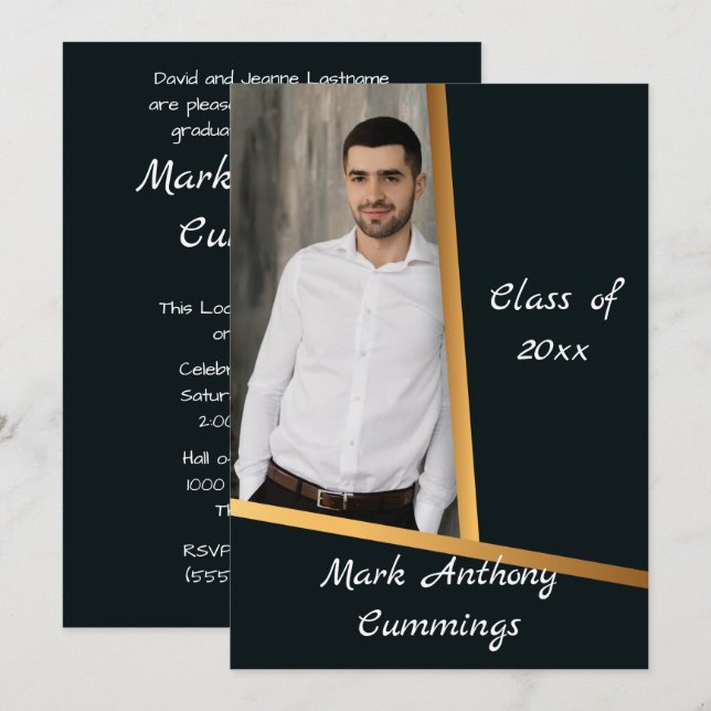 Golden Elegance Class Of Photo Graduation 3 Invitation (Front/Back)