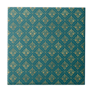 Golden Elegance – Dark Turquoise & Gold Botanical  Tile