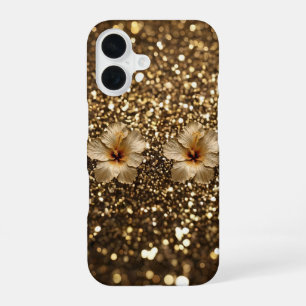 Golden Elegance: Gold Hibiscus Shimmer iPhone 16 Case