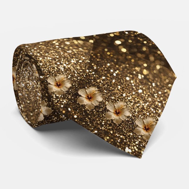 Golden Elegance: Gold Hibiscus Shimmer Tie (Rolled)