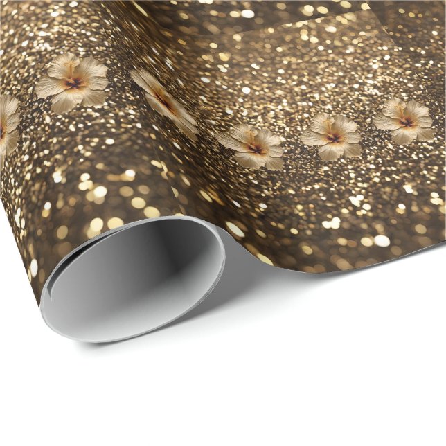 Golden Elegance: Gold Hibiscus Shimmer Wrapping Paper (Roll Corner)
