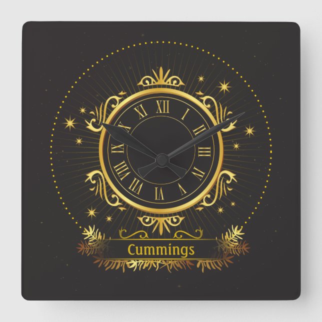 Golden Elegance Personalized Name Sq. Wall Clock (Front)